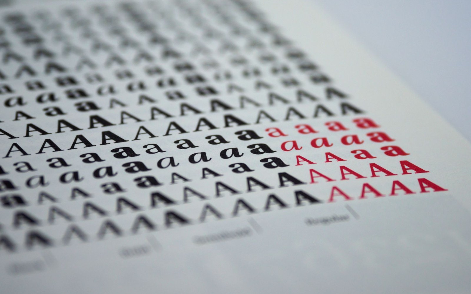 Rows of the letter A repeated in various typefaces, sizes and colors on a printed chart